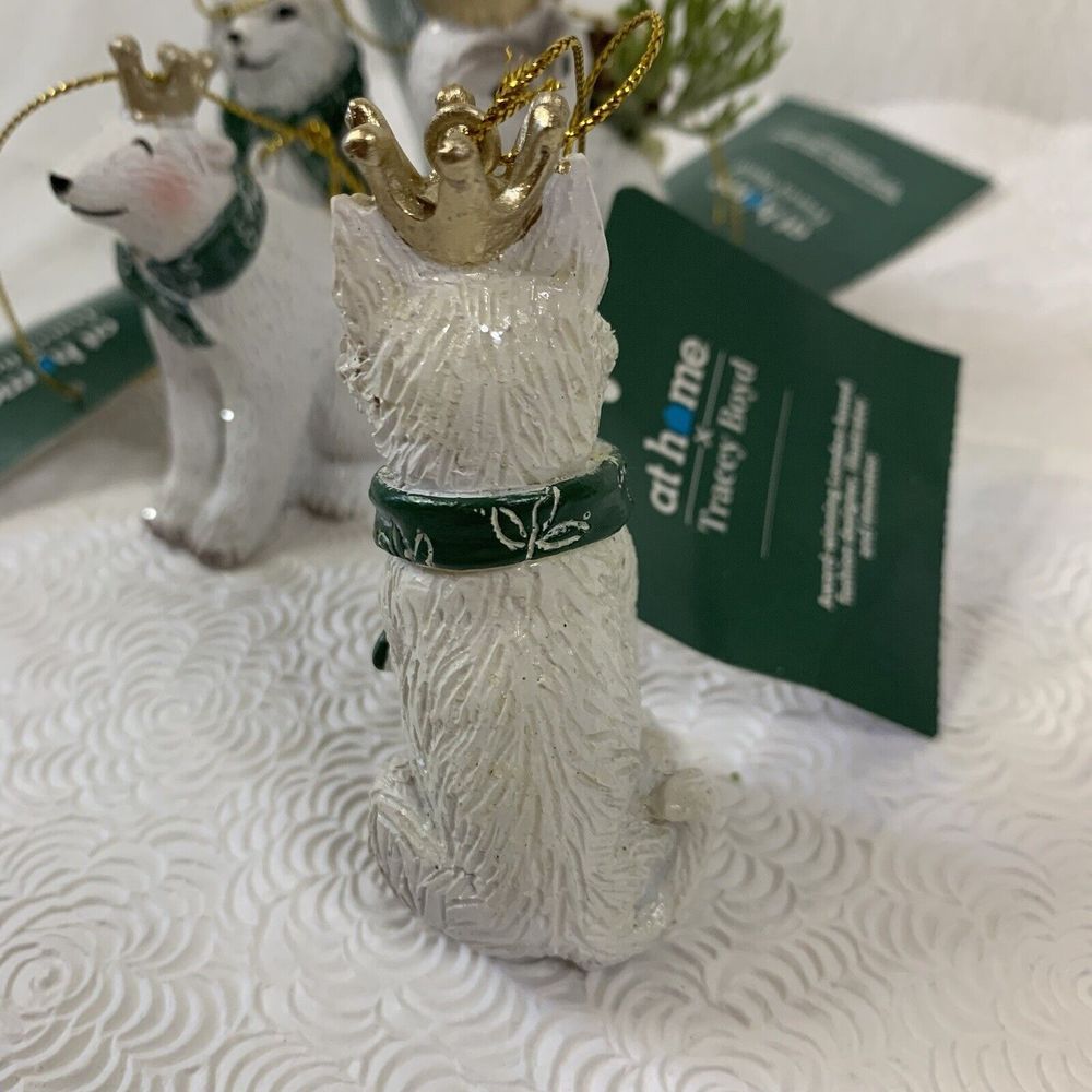 5 Christmas Tree Ornaments Fox Bear Owl with Crowns Ceramic White Green Gold Lot - Picture 13 of 16